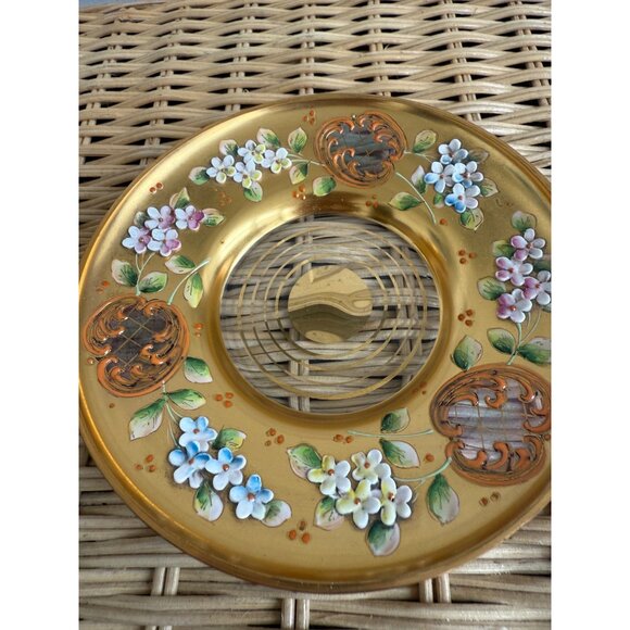 Antique 20's Tre Fuochi Czech Bohemian Gold Blue Glass Pedestal Teacup Saucer - Picture 4 of 16